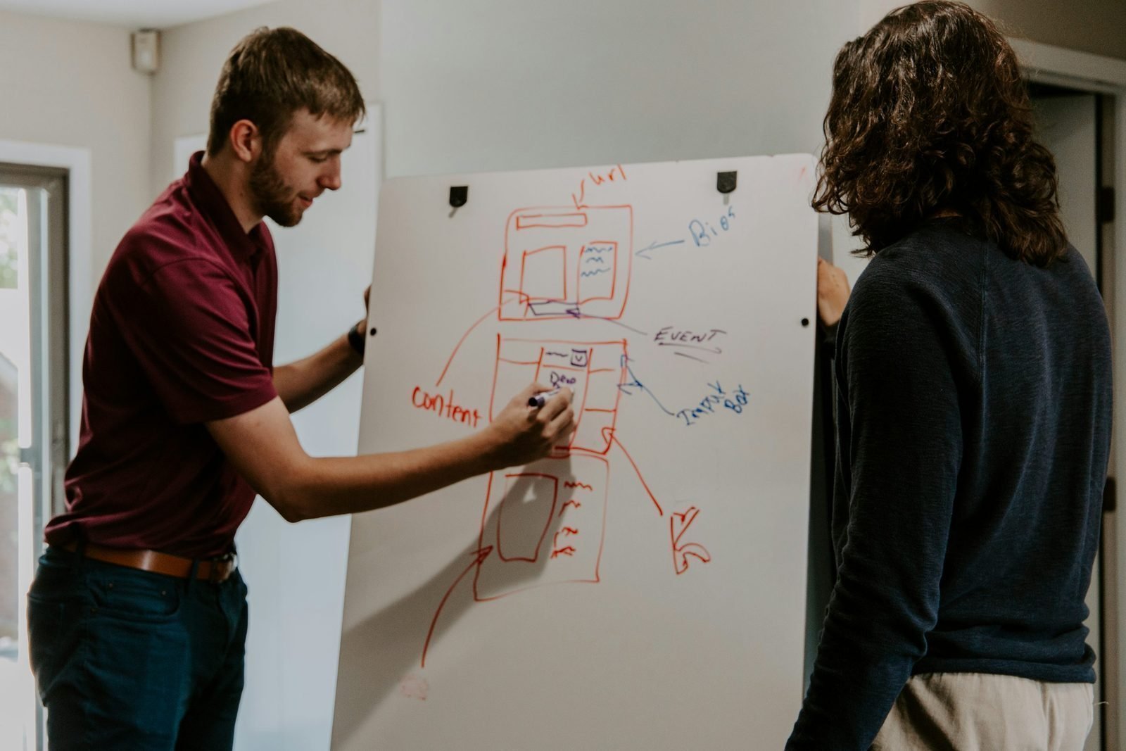 A founder and an SEO consultant mapping out a startup's website structure and priorities on a whiteboard